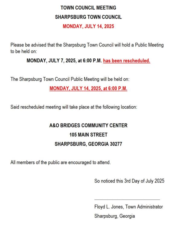Town Council Meeting Rescheduled
